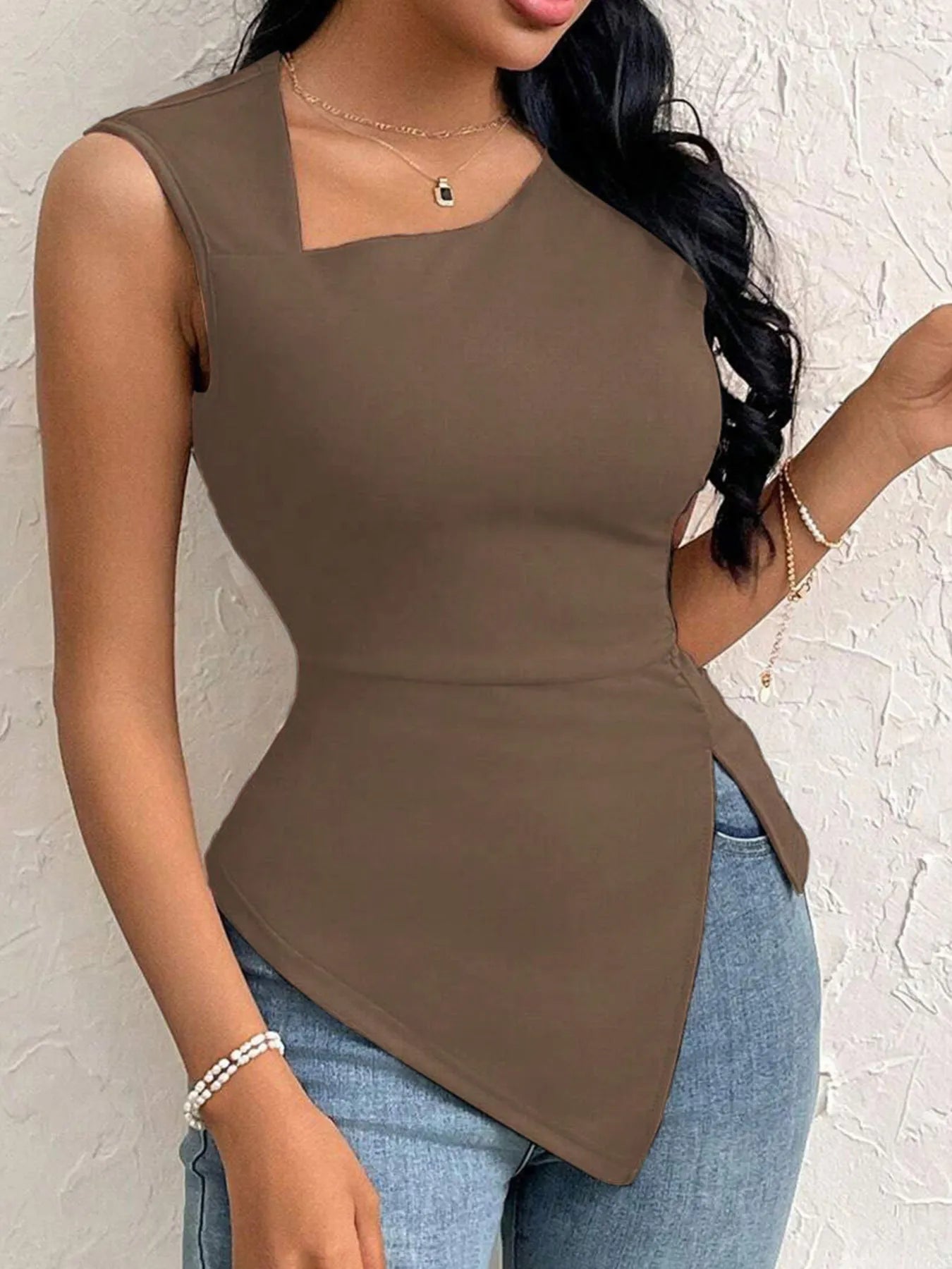 Trendsi Slit Asymmetrical Tank Top Brown
