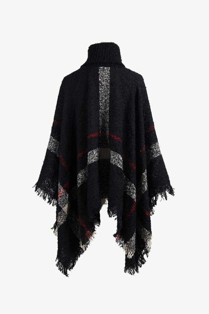 Plaid Turtleneck Raw Hem Poncho Easy Apparels