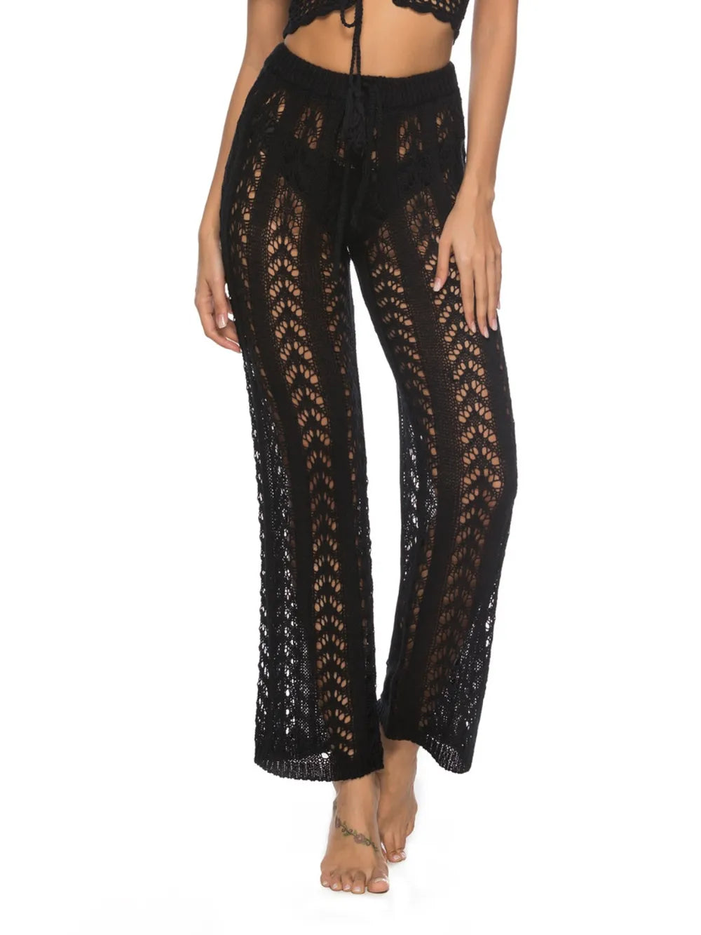 Cutout Drawstring High Waist Swim Pants Black Easy Apparels
