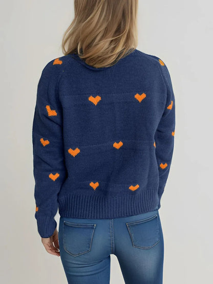 Heart Round Neck Zip Up Cardigan Easy Apparels