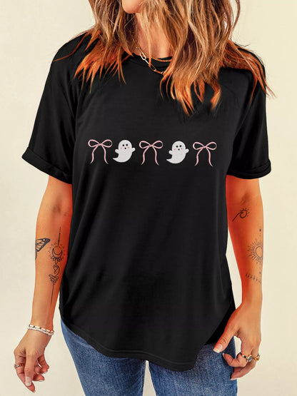 Halloween Ghost Bow Graphic Short Sleeve T-Shirt Black Easy Apparels