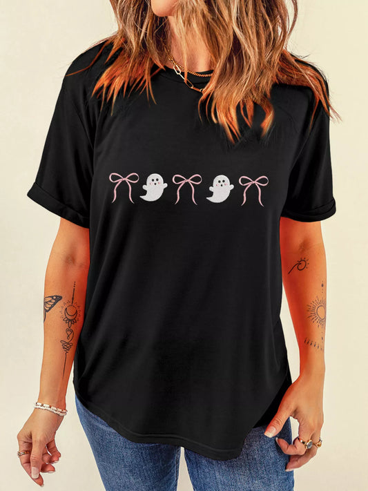 Halloween Ghost Bow Graphic Short Sleeve T-Shirt Black Easy Apparels