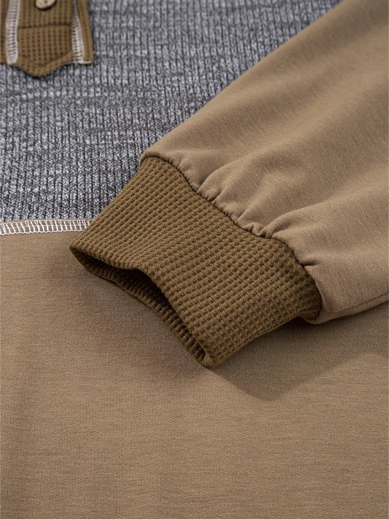 Trendsi Mixed Texture Patchwork Exposed Seam Half Button Hoodie