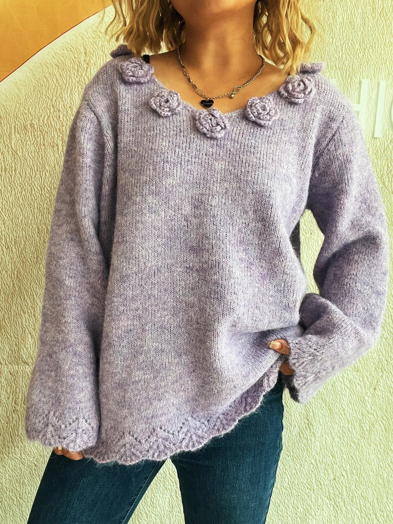 Trendsi Flower V-Neck Long Sleeve Sweater Purple One Size