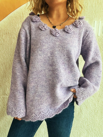 Trendsi Flower V-Neck Long Sleeve Sweater Purple One Size