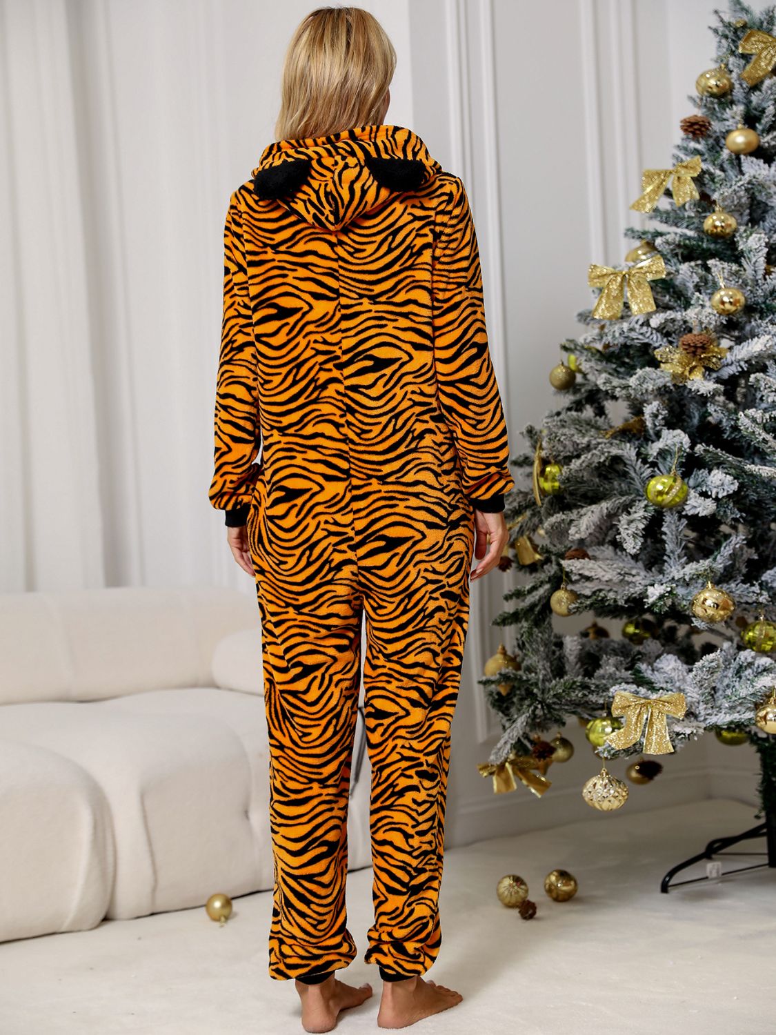 Animal Print Zip Front Lounge Jumpsuit with Pockets Easy Apparels