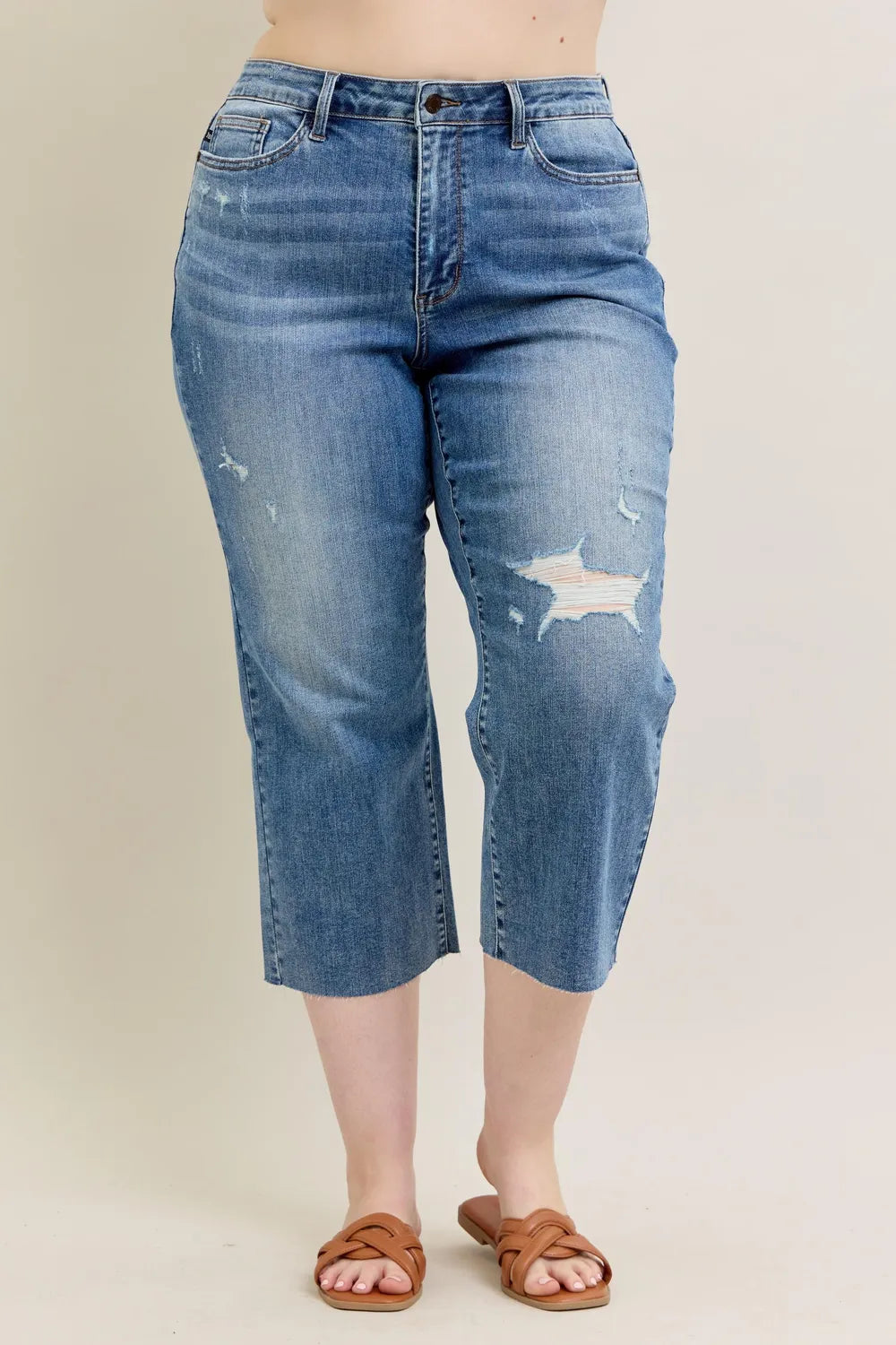 Judy Blue Plus Size High Waist Back Destroy & Raw Cut Hem Crop Wide Medium Easy Apparels