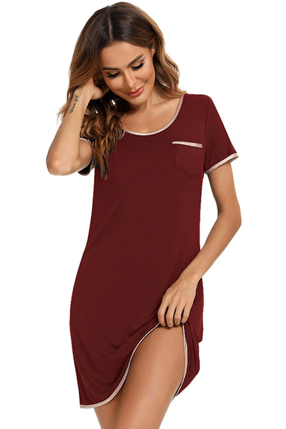 Contrast Trim Pocketed Round Neck Lounge Dress Easy Apparels