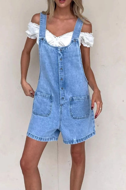 Button Front Denim Overall Shorts with Front Pockets Easy Apparels