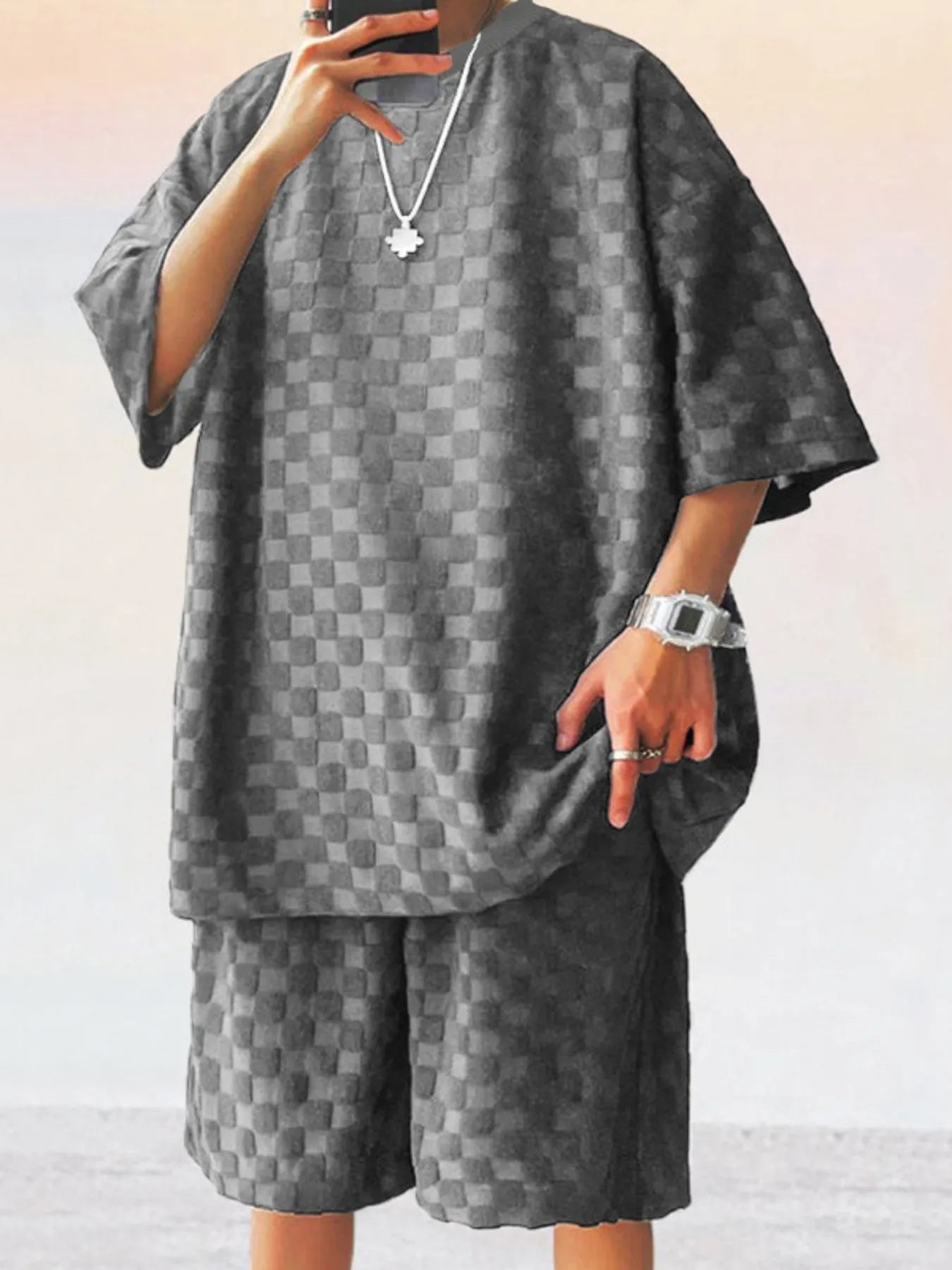Men's Full Size Checkered Pattern Casual Top and Shorts Two-Piece Set Plus Size Dark Gray Easy Apparels
