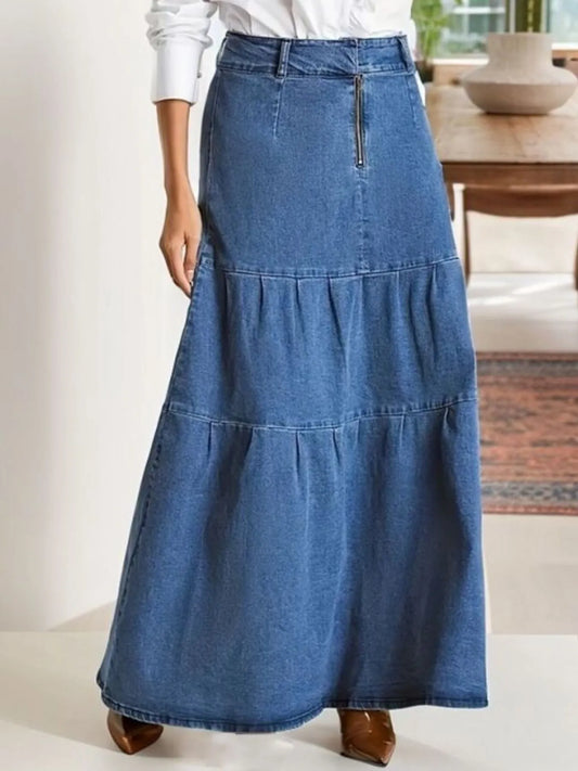 Tiered Maxi Denim Skirt with Zipper Detail Blue Easy Apparels