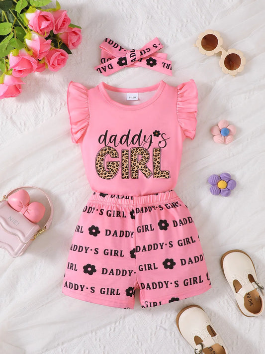 Children's Headband Letter Ruffle Sleeve Top and Shorts 3-Piece Set Pink Easy Apparels