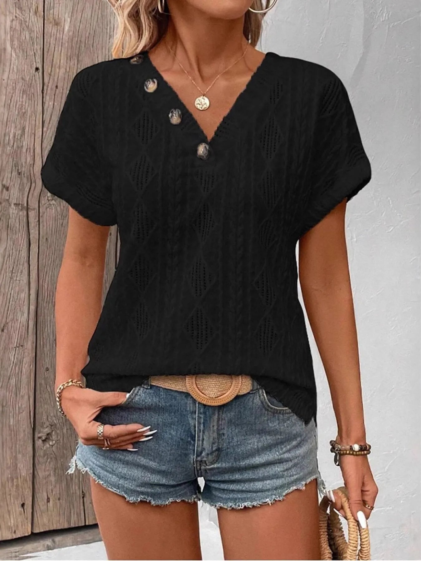 Trendsi Textured V-Neck Short Sleeve Top