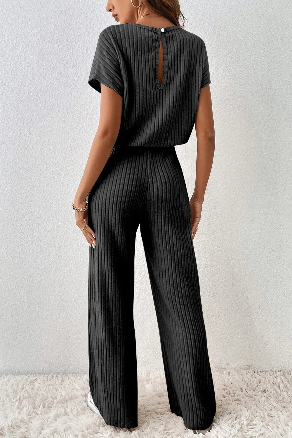 Ribbed Short Sleeve Wide Leg Jumpsuit Easy Apparels