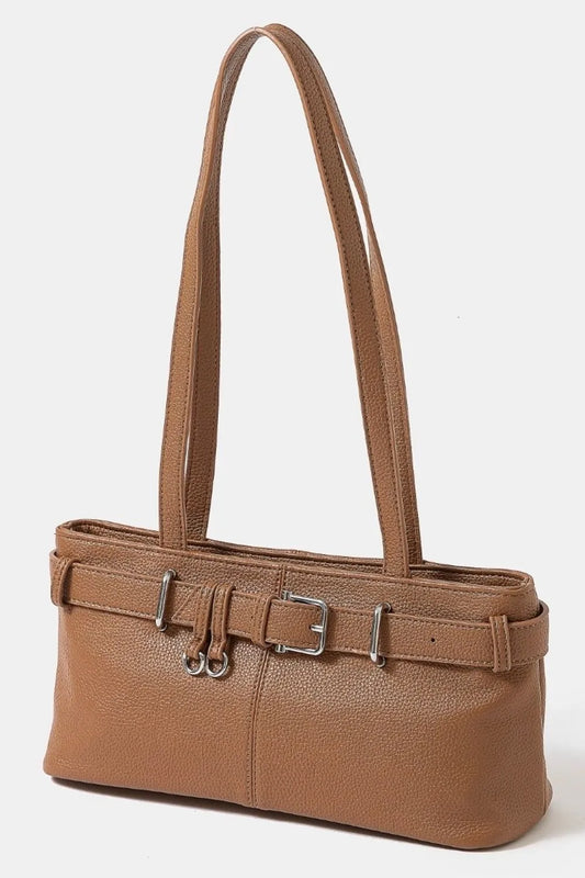 Fame Belt Strap Textured Faux Leather Shoulder Bag DBR One Size Easy Apparels