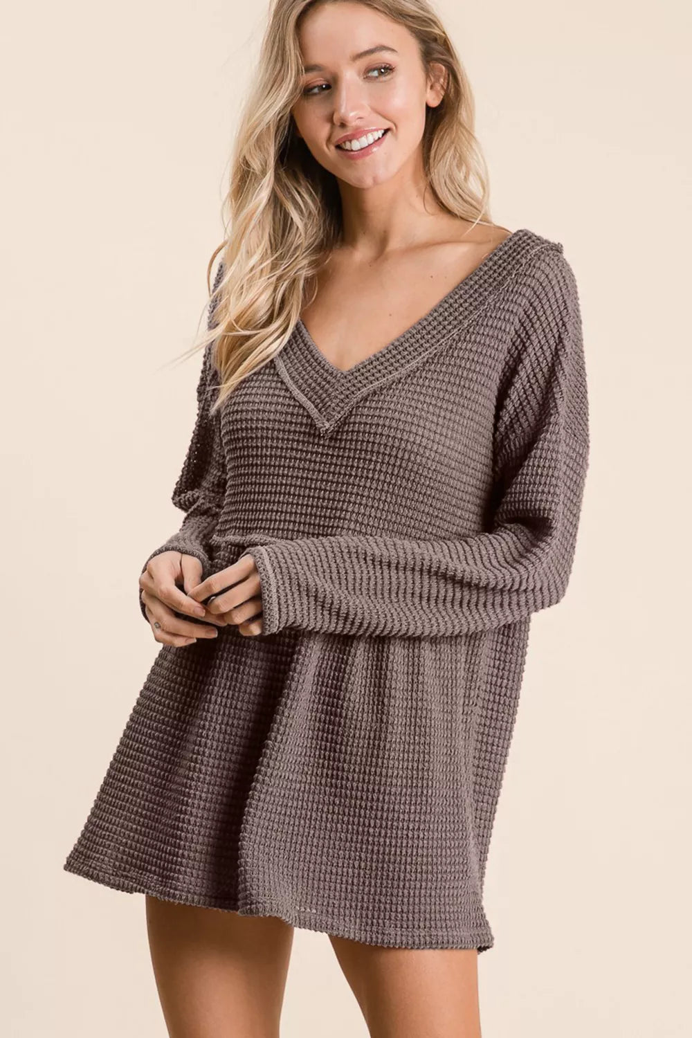Trendsi BiBi Waffle Knit V-Neck Babydoll Blouse