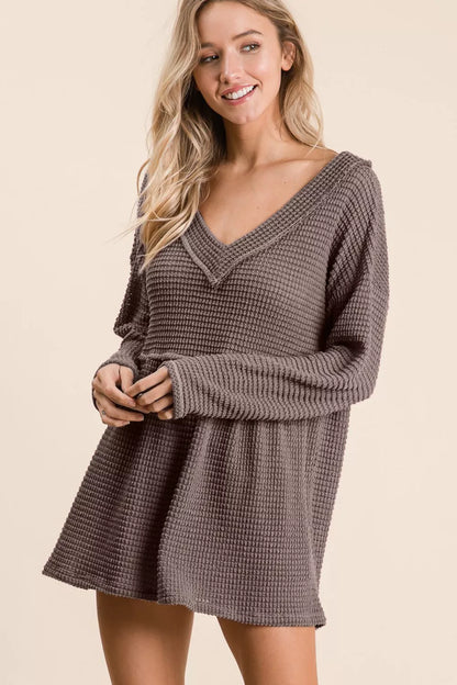Trendsi BiBi Waffle Knit V-Neck Babydoll Blouse