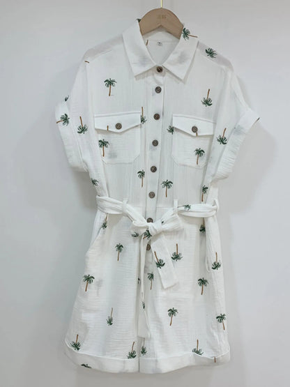 Palm Tree Print Short Sleeve Button-Up Romper with Belt Easy Apparels