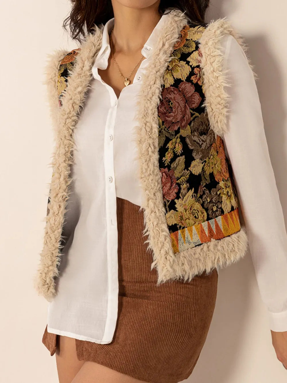 Embroidered Fuzzy Trim Open Front Vest Coat Easy Apparels
