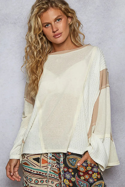 Trendsi POL Contrast Round Neck Long Sleeve T-Shirt Cream