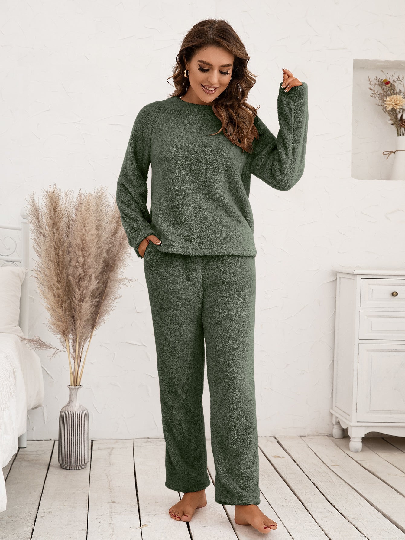 Ivy Lane Teddy Long Sleeve Top and Pants Lounge Set Matcha Green Easy Apparels