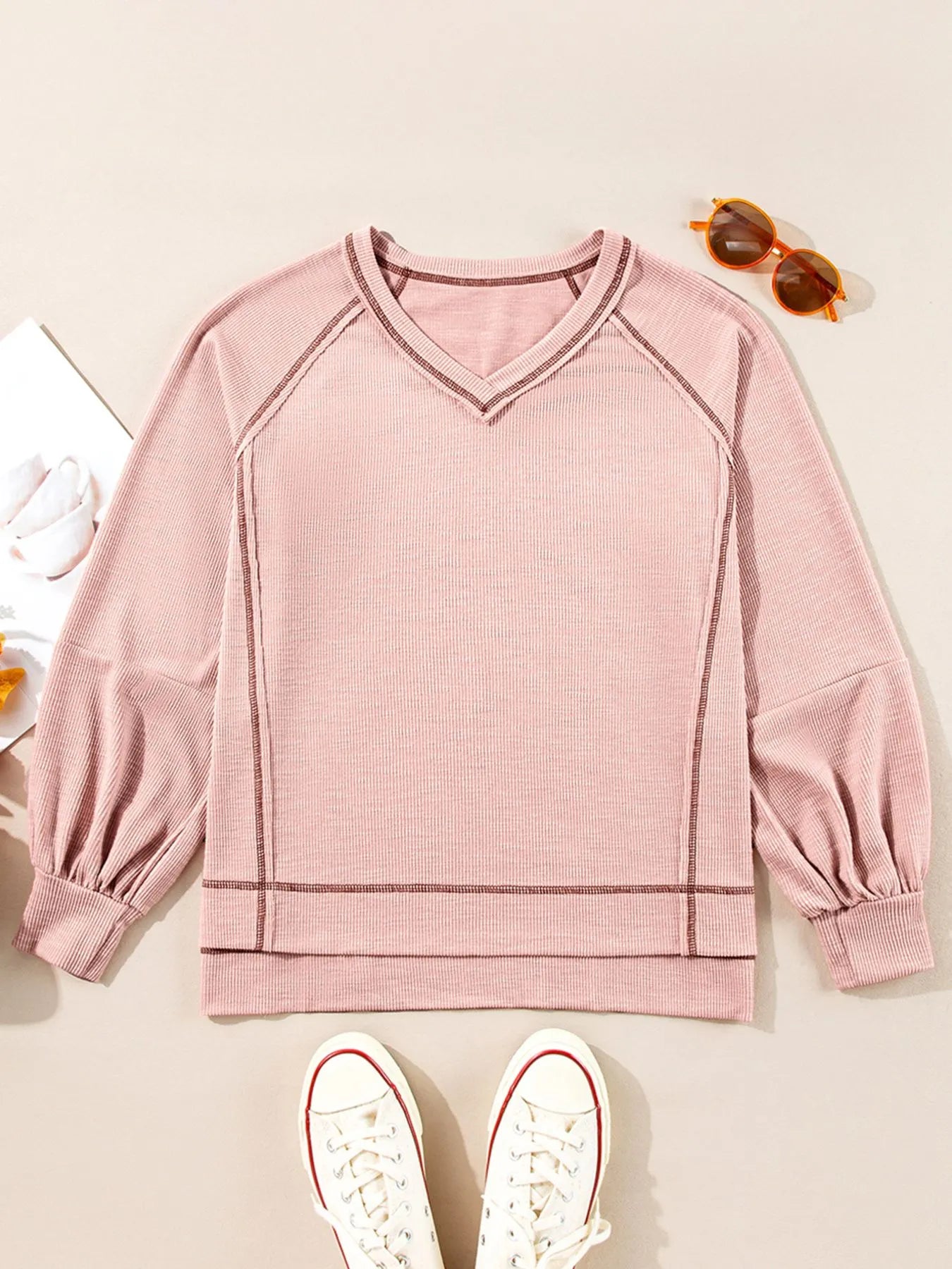 Trendsi Exposed Seam Ribbed Knit V Neck Top