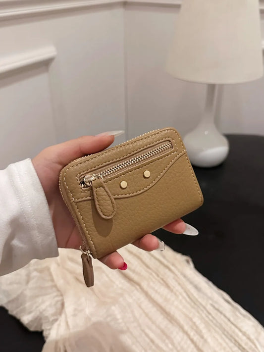 PU Leather Solid Color Card Case Taupe One Size Easy Apparels