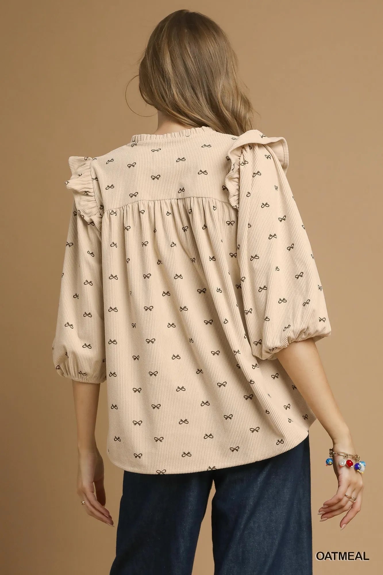 Trendsi Umgee Bow Print Corduroy Puff Sleeve Blouse with Ruffled