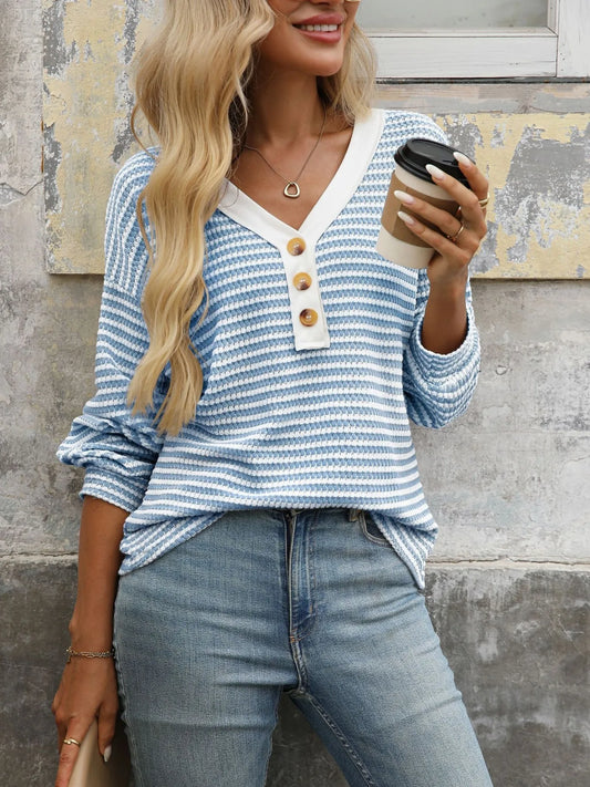 Trendsi Striped V-Neck Button Front Casual Top Sky Blue