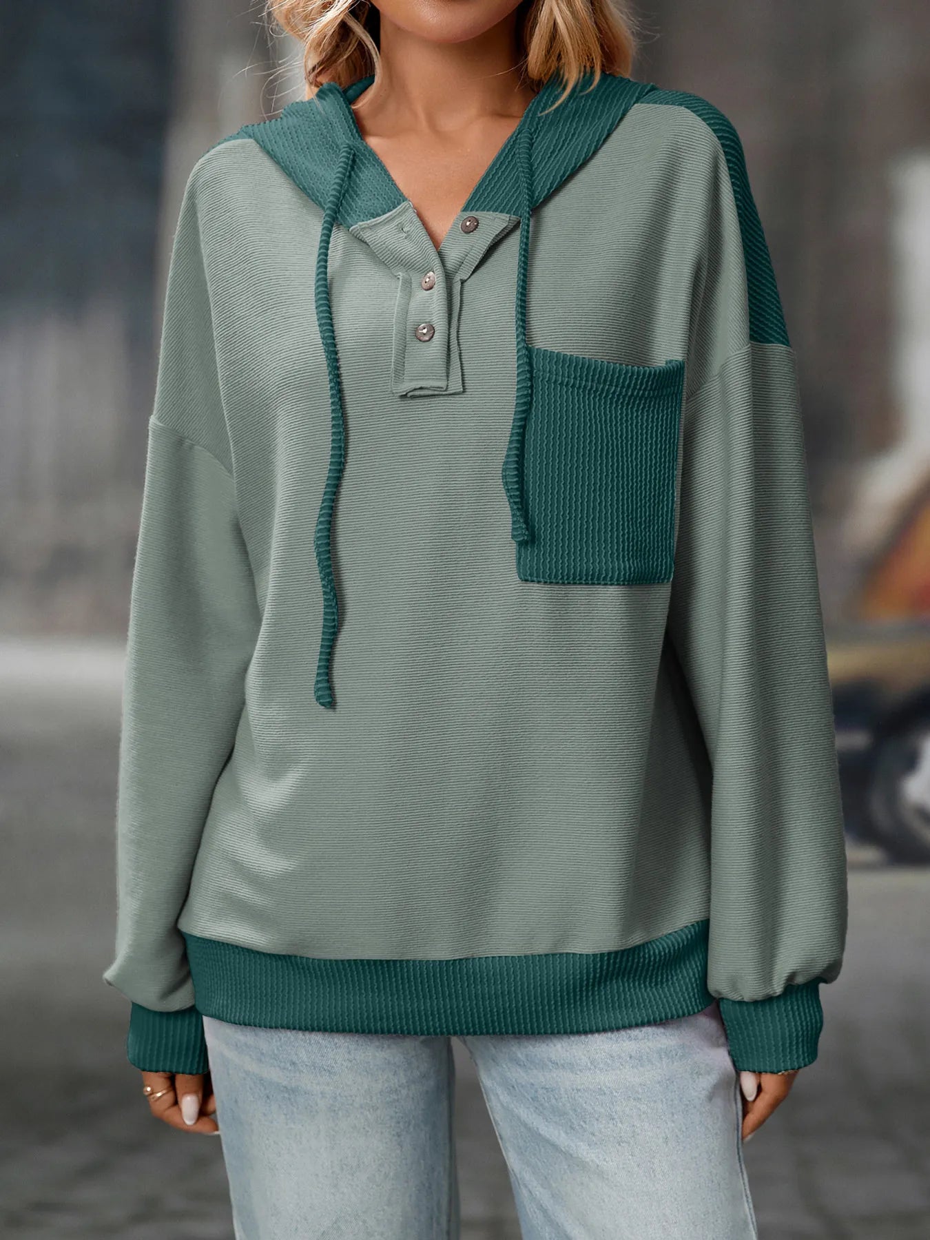 Trendsi Drawstring Button Detail Long Sleeve Hoodie