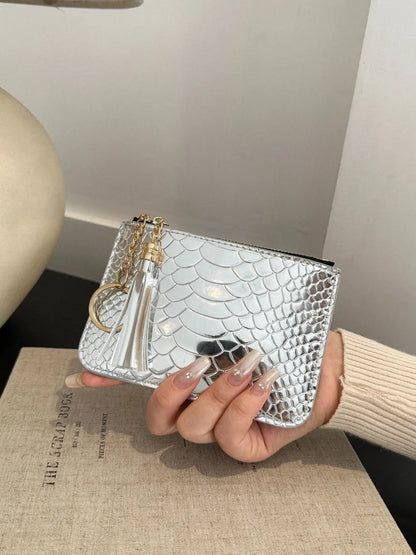 PU Leather Tassel Trim Card Case Silver One Size Easy Apparels