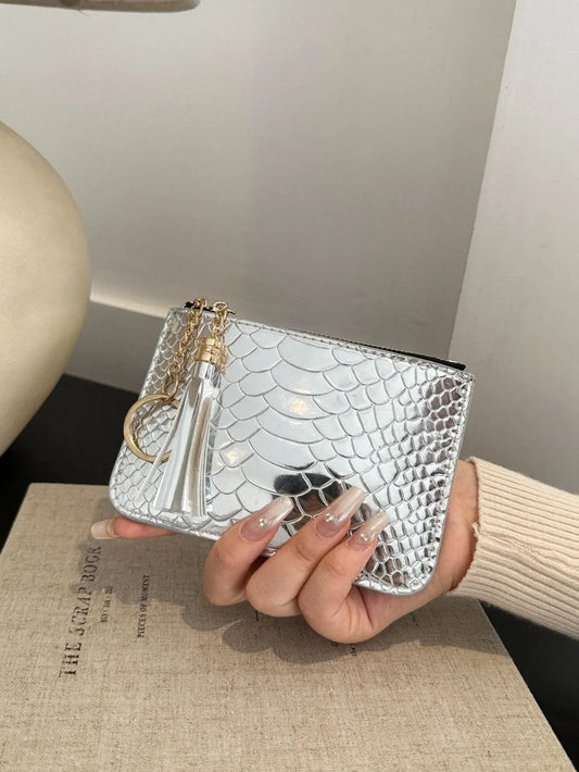 PU Leather Tassel Trim Card Case Silver One Size Easy Apparels