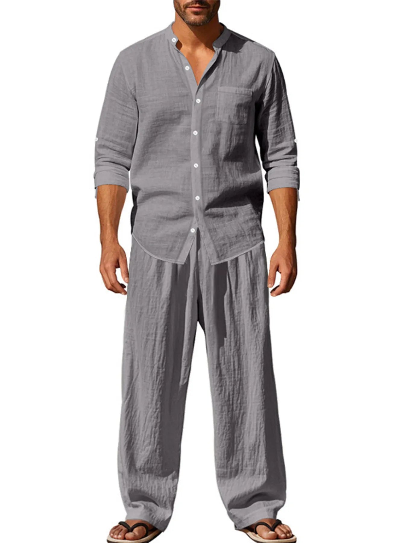 Men's Full Size Button Up Shirt and Pants Set Plus Size Grey Easy Apparels