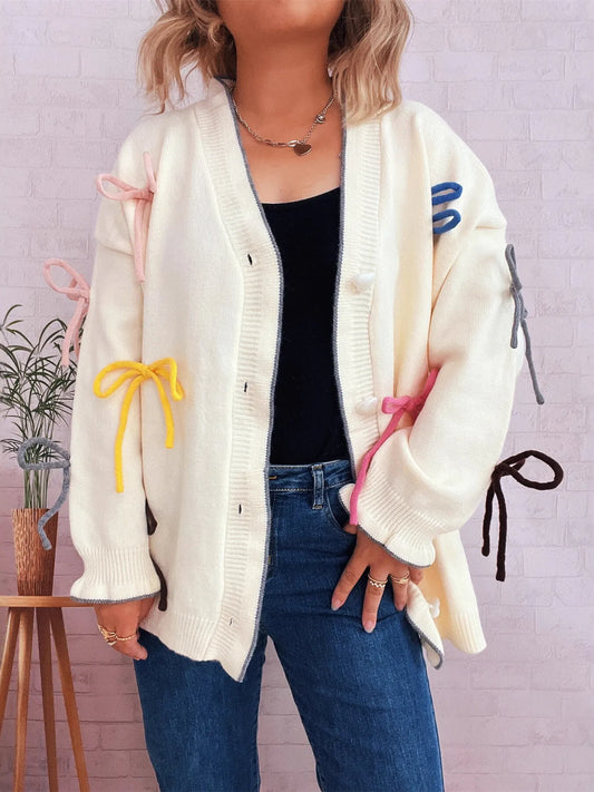 Bow Tie Button Up Cardigan White One Size Easy Apparels