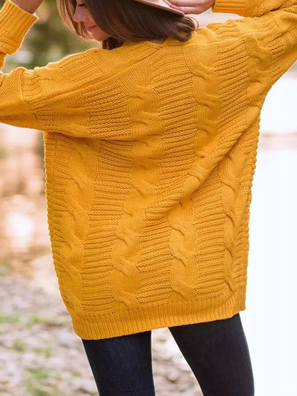 Cable-Knit Open Front Long Sleeve Cardigan Gold Easy Apparels
