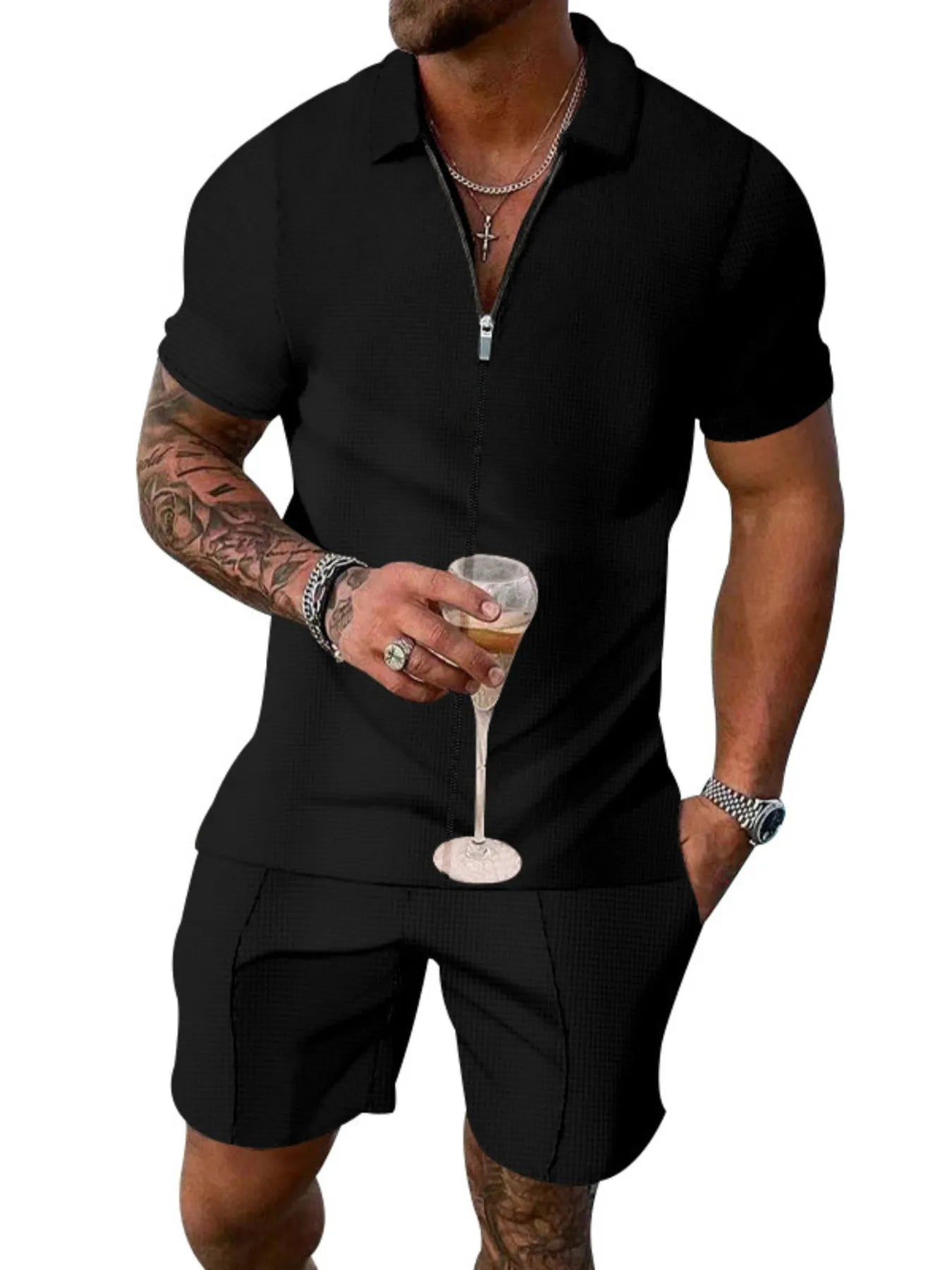 Men's Plus Size Zip Up Short Sleeve Top and Shorts Set Black Easy Apparels