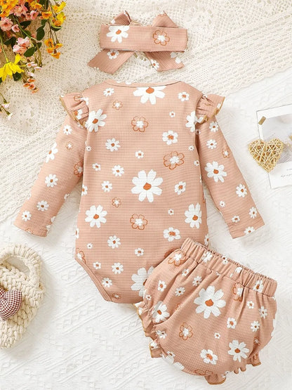Children's Ruffled Floral Bodysuit and Bloomer, Headband Set Easy Apparels