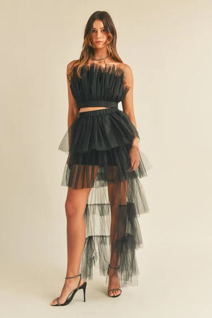 MABLE Tulle Tube Ruffle Crop Top and High Low Maxi Skirt Set Black Easy Apparels