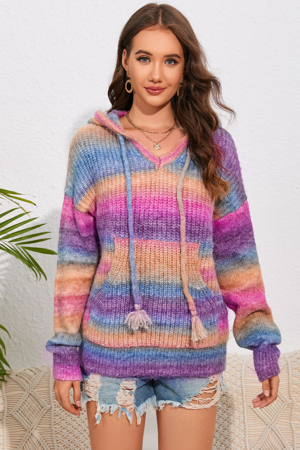Multicolor Dropped Shoulder Hooded Sweater Easy Apparels