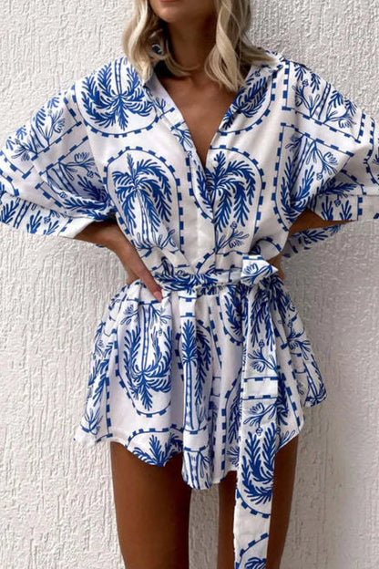 Printed Tie Waist Romper Light Blue Easy Apparels