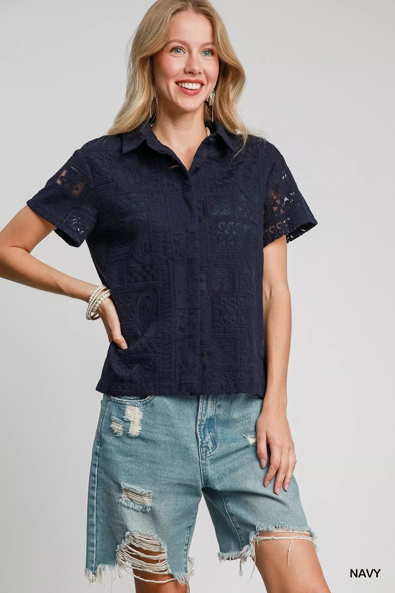 Trendsi Umgee Patch Lace Short Sleeve Button Down Shirt