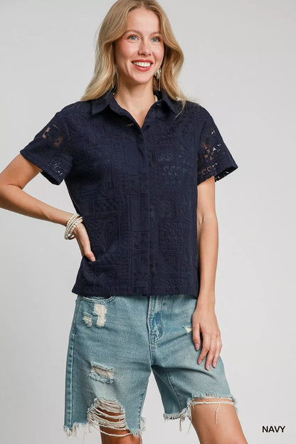 Trendsi Umgee Patch Lace Short Sleeve Button Down Shirt
