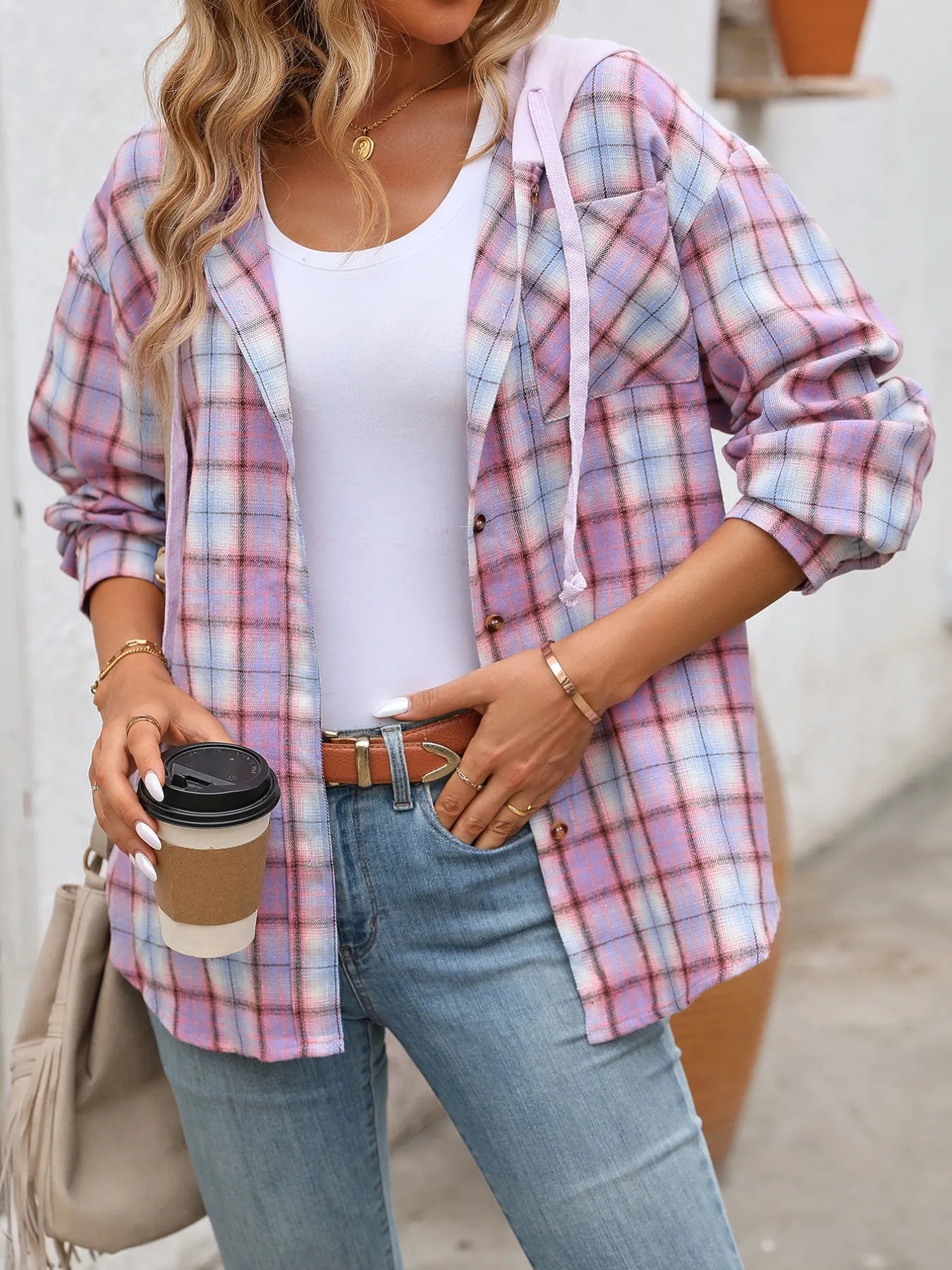 Trendsi Plaid Button-Up Hooded Shirt