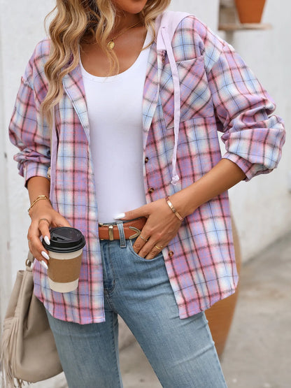 Trendsi Plaid Button-Up Hooded Shirt