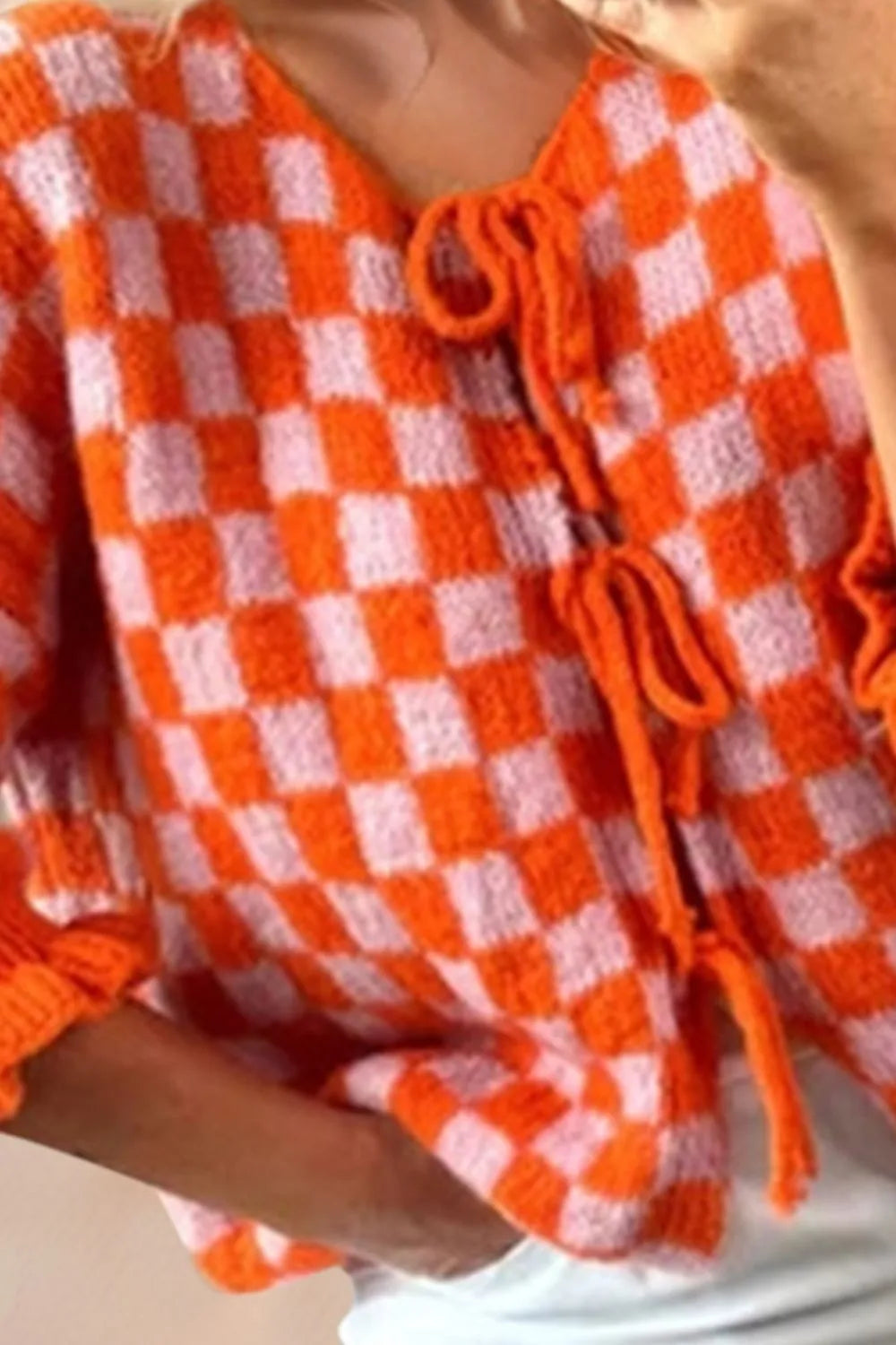 Double Take Tied Checkered Dropped Shoulder Flounce Sleeve Cardigan Easy Apparels