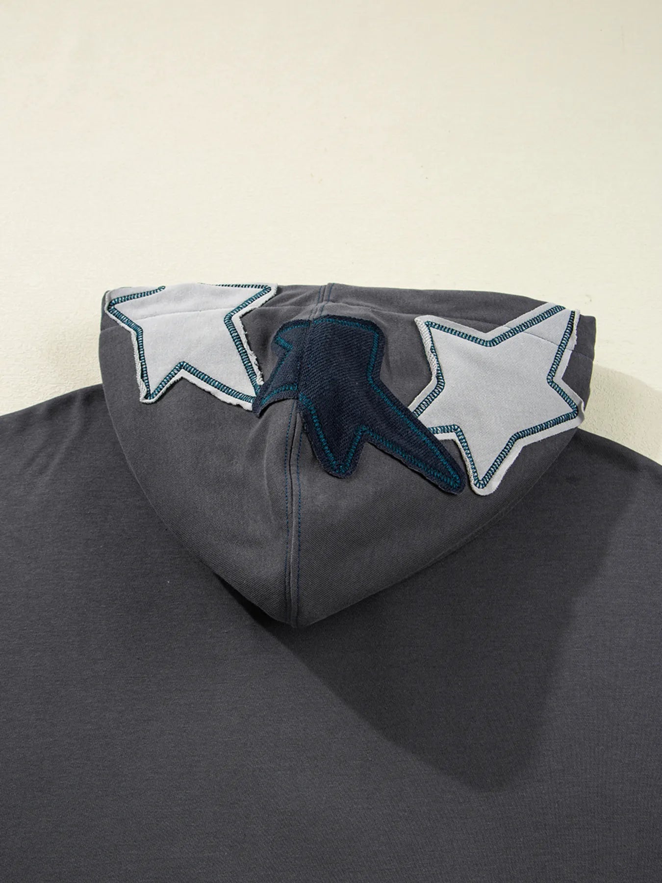 Trendsi Star Patchwork Contrast Stitching Mineral Wash Kangaroo Pocket Hoodie
