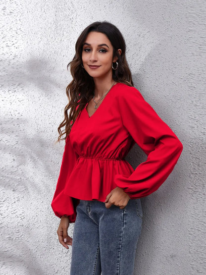 Trendsi V-Neck Balloon Sleeve Peplum Blouse