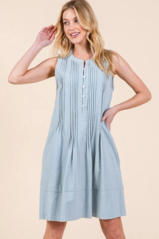 Lime 'N' Chili Denim Pintuck Detail Sleeveless Midi Dress Easy Apparels