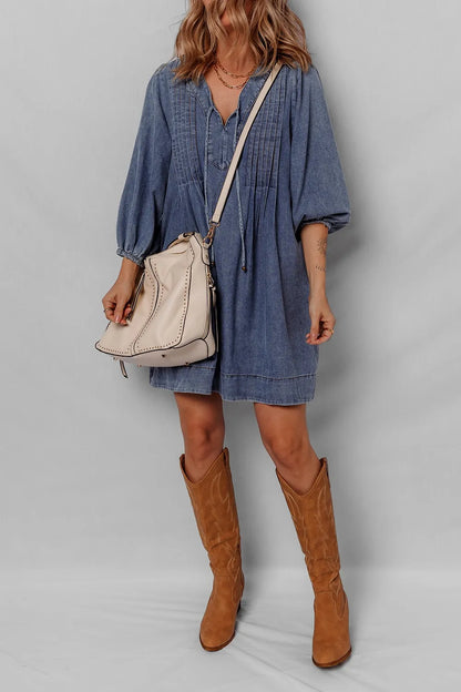 Tie Neck Long Sleeve Mini Denim Dress Easy Apparels
