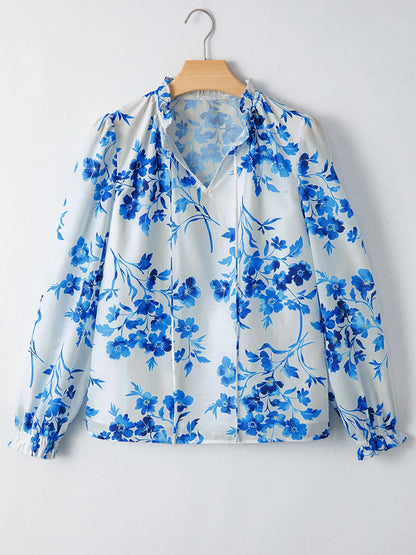 Trendsi Floral Long Sleeve Tie Neck Blouse